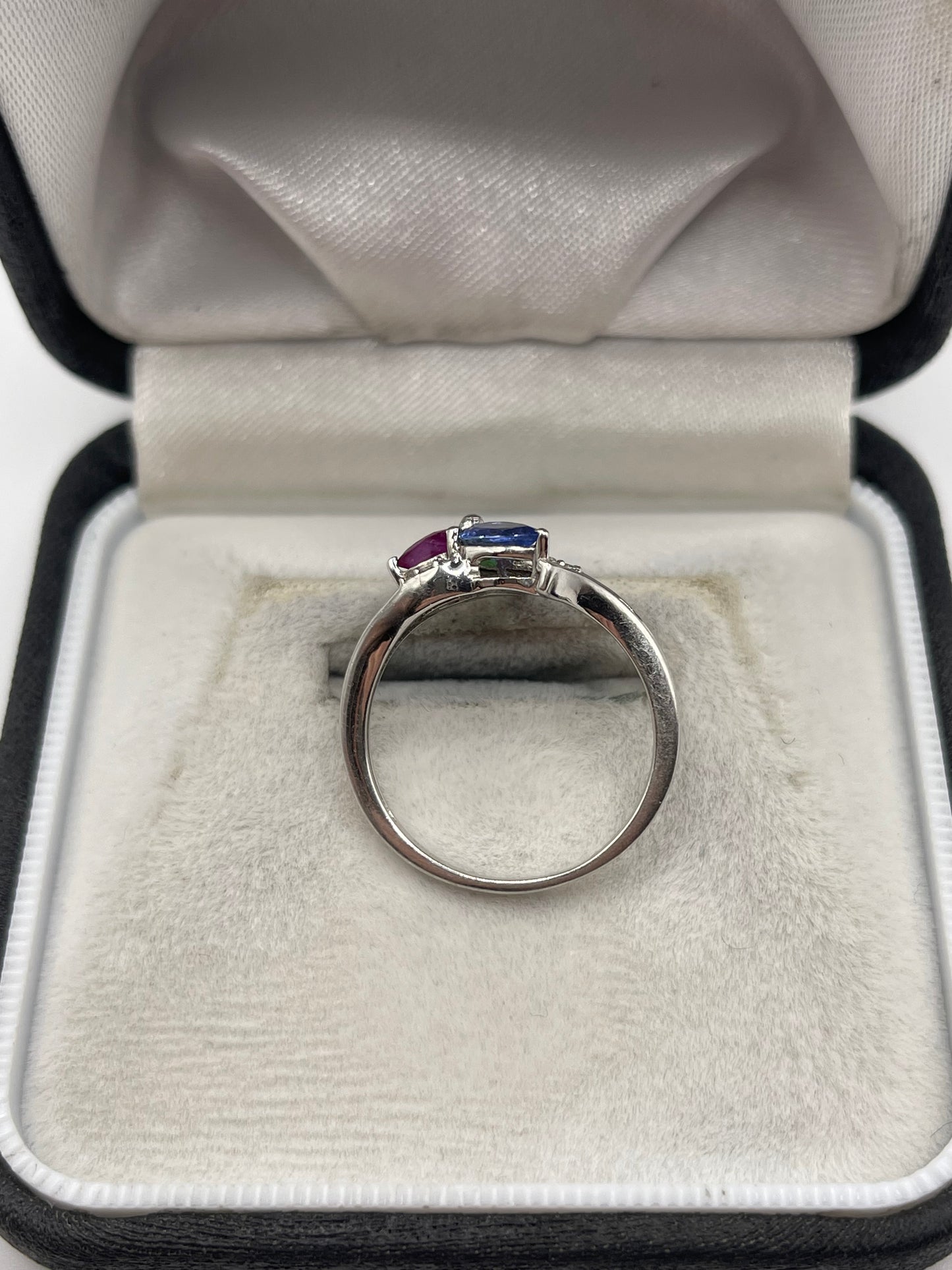 9ct white gold sapphire, emerald, ruby and diamond ring