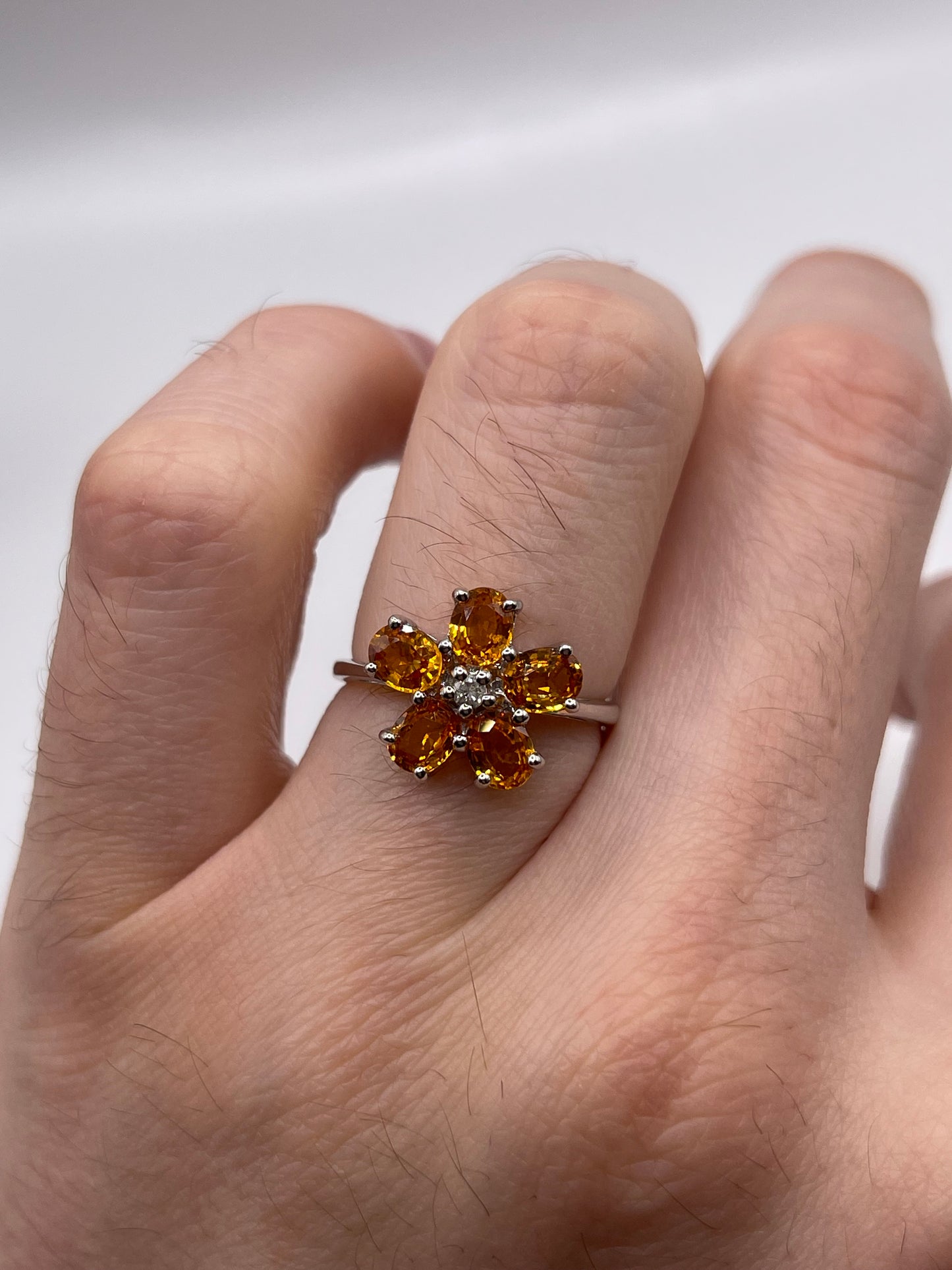 9ct white gold orange sapphire and diamond ring