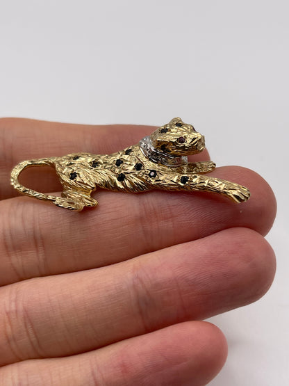 9ct gold ruby, diamond and sapphire panther brooch
