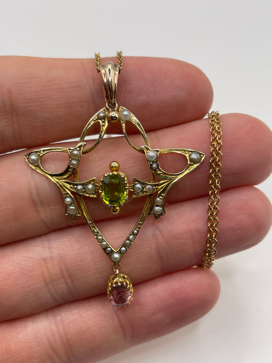 Antique 9ct gold topaz, peridot and pearl necklace