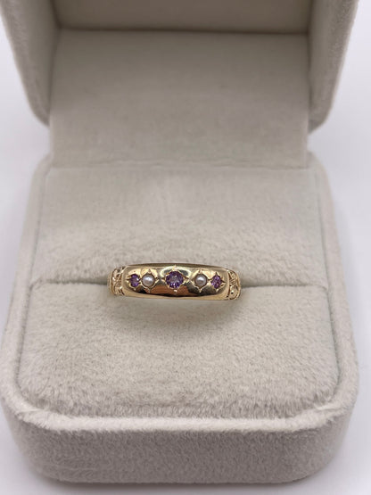 9ct gold amethyst and pearl gypsy ring
