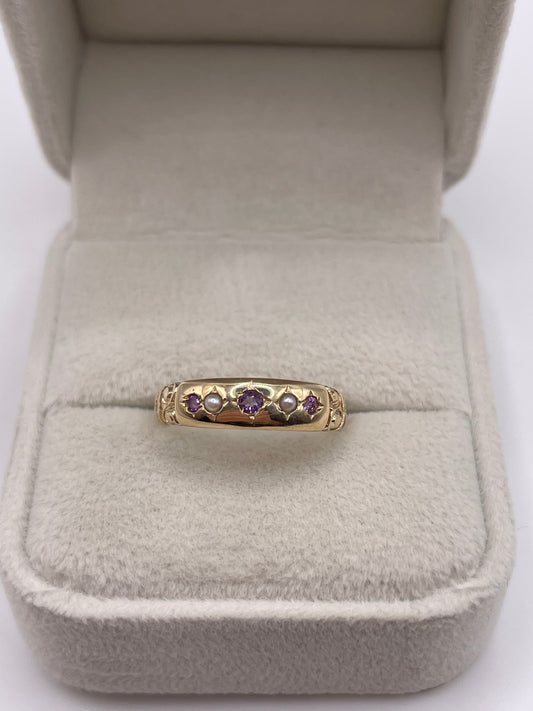 9ct gold amethyst and pearl gypsy ring
