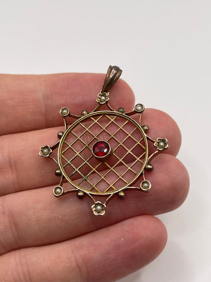 Antique 9ct gold garnet and pearl pendant