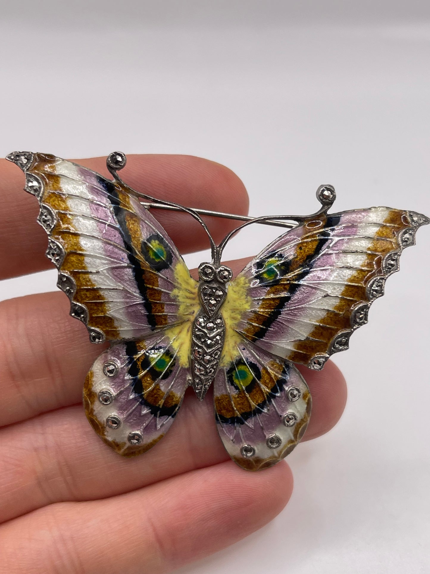 Silver enamel and marcasite butterfly brooch