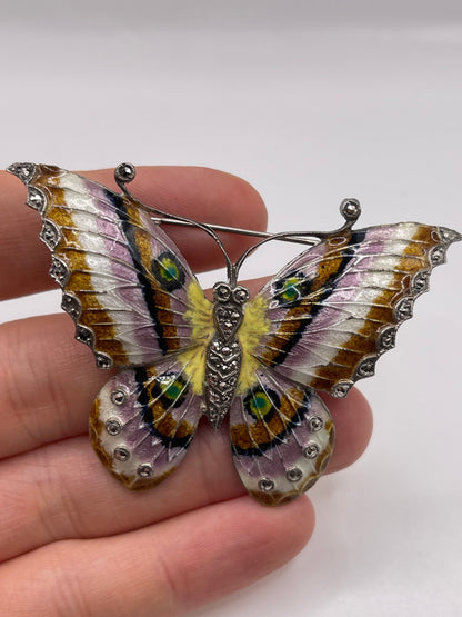 Silver enamel and marcasite butterfly brooch