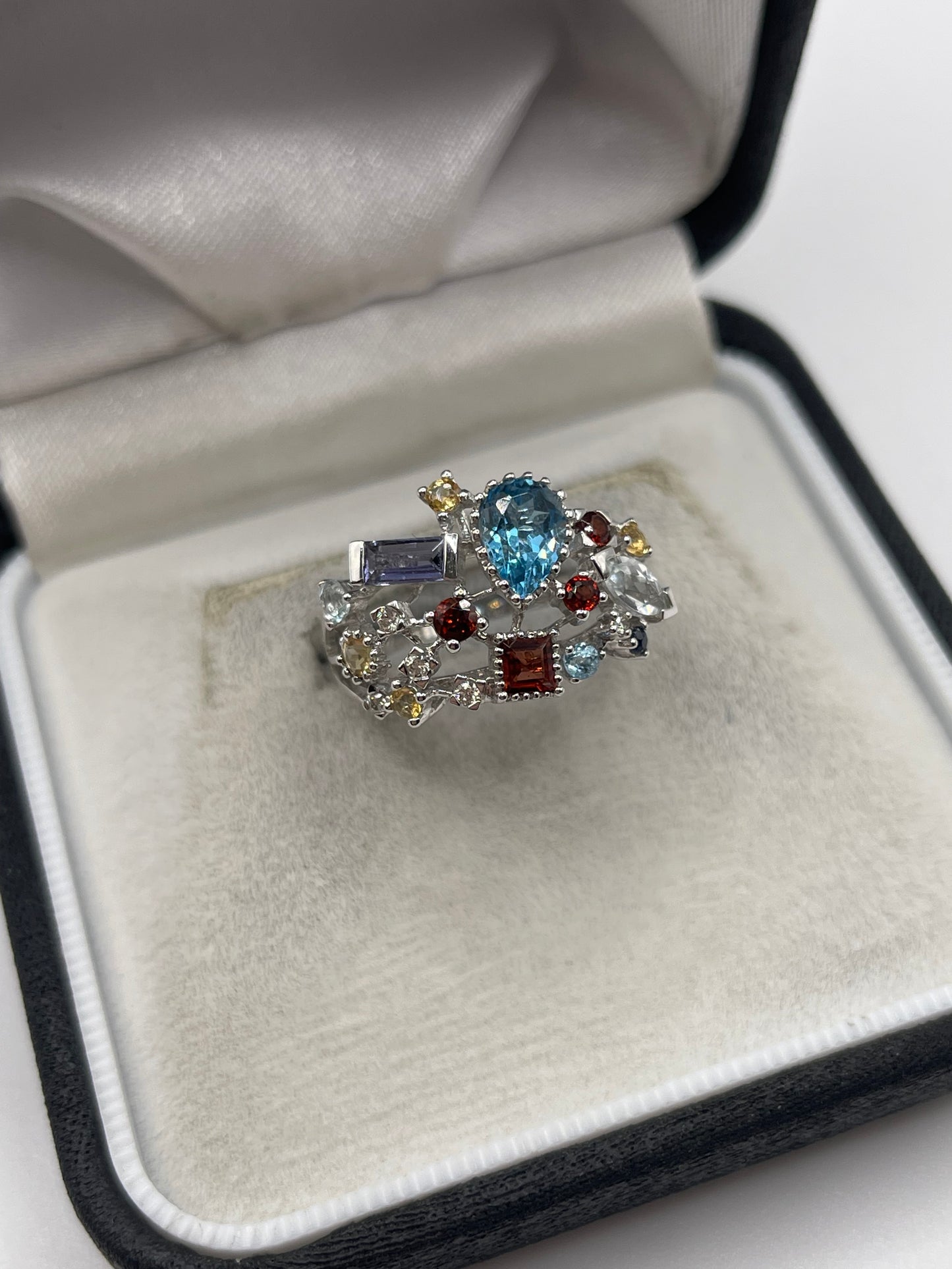 14ct white gold multi gemstone and diamond ring