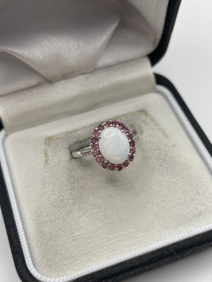 9ct white gold opal, pink sapphire and diamond ring