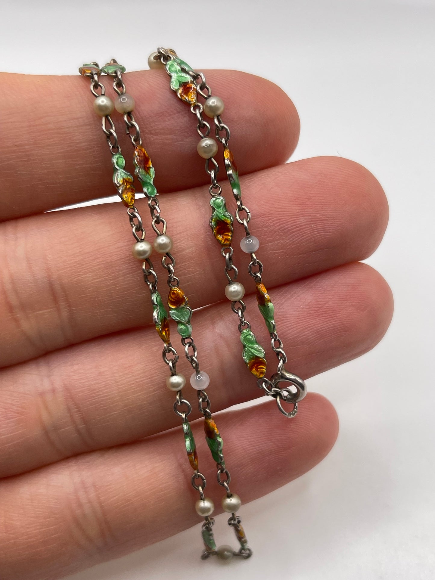 Silver enamel and pearl necklace