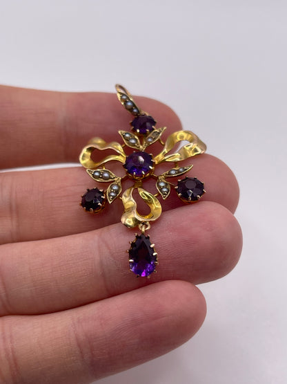 Antique 15ct gold amethyst and pearl pendant