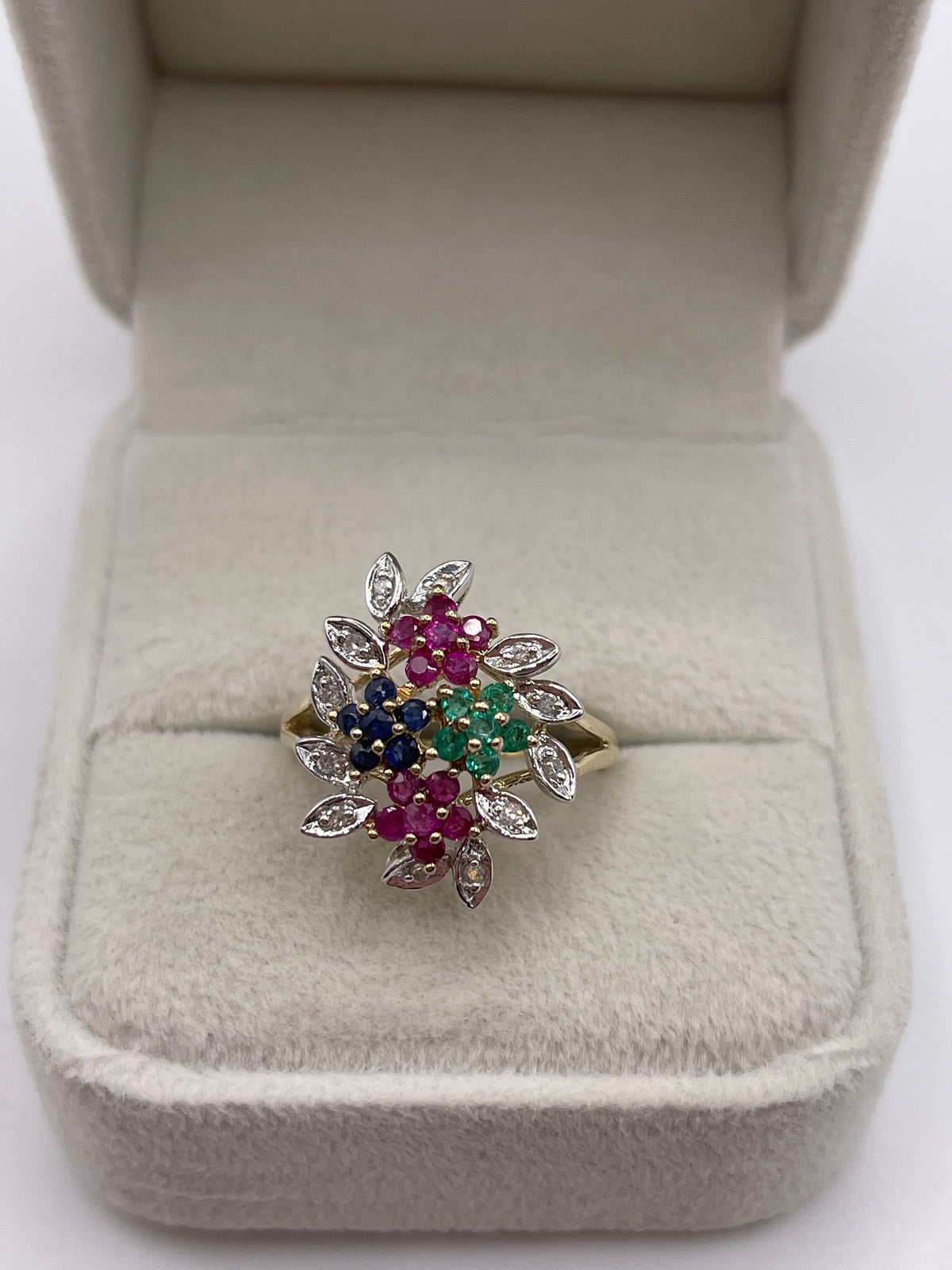 9ct gold ruby, emerald, sapphire and diamond ring