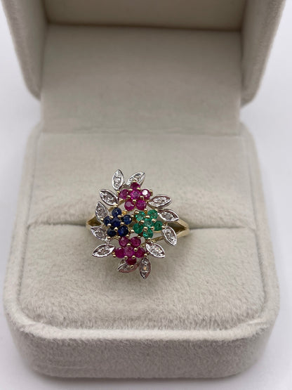 9ct gold ruby, emerald, sapphire and diamond ring