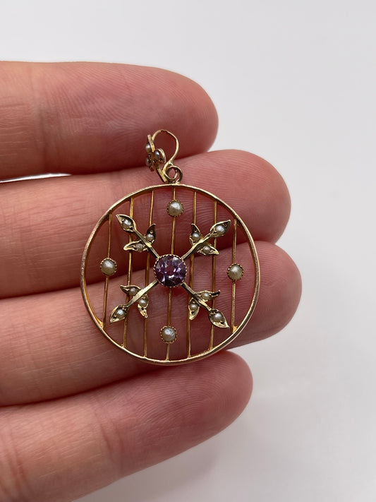Antique 9ct rose amethyst and pearl pendant