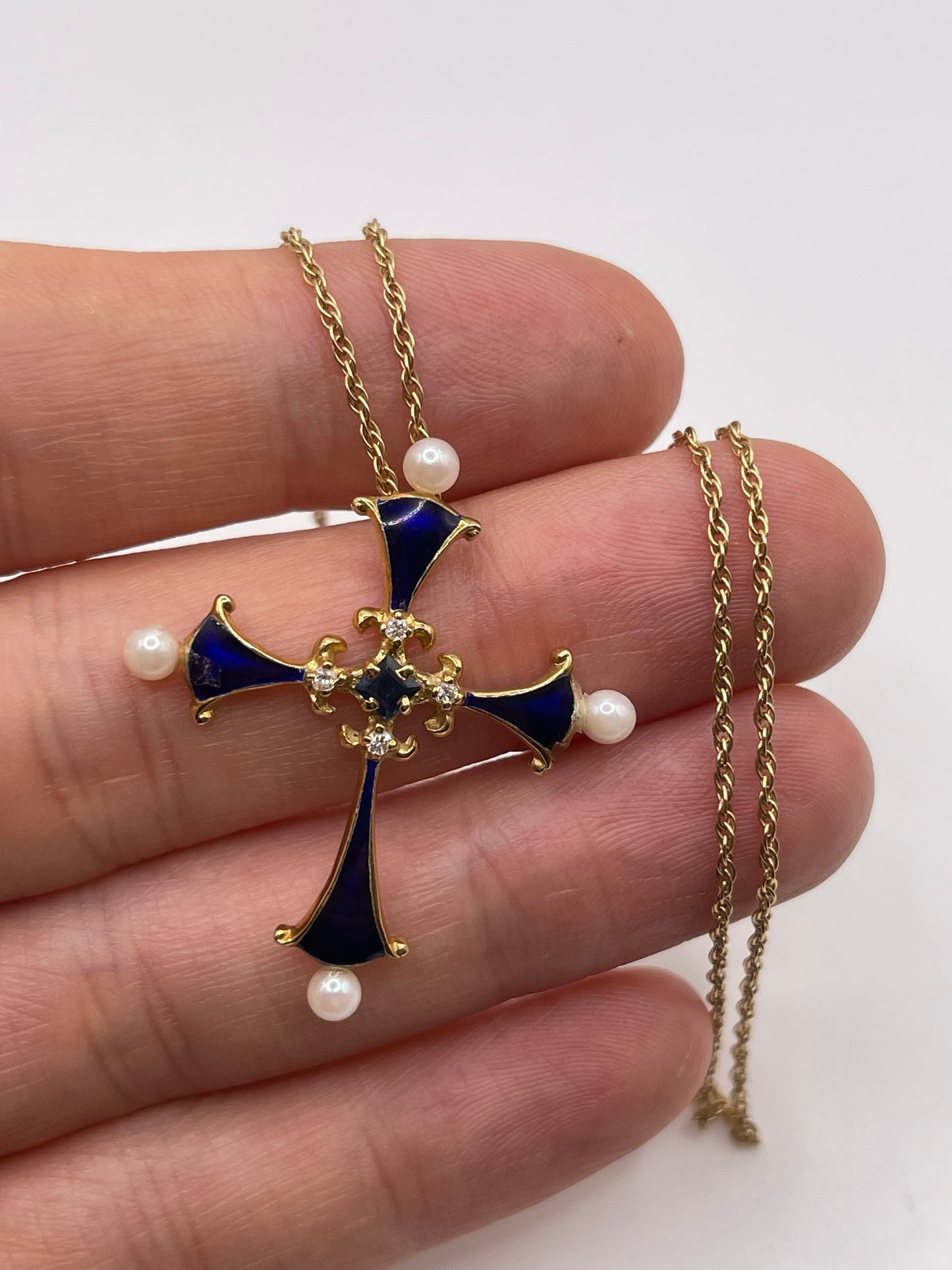 14ct gold enamel, pearl, sapphire and diamond cross necklace