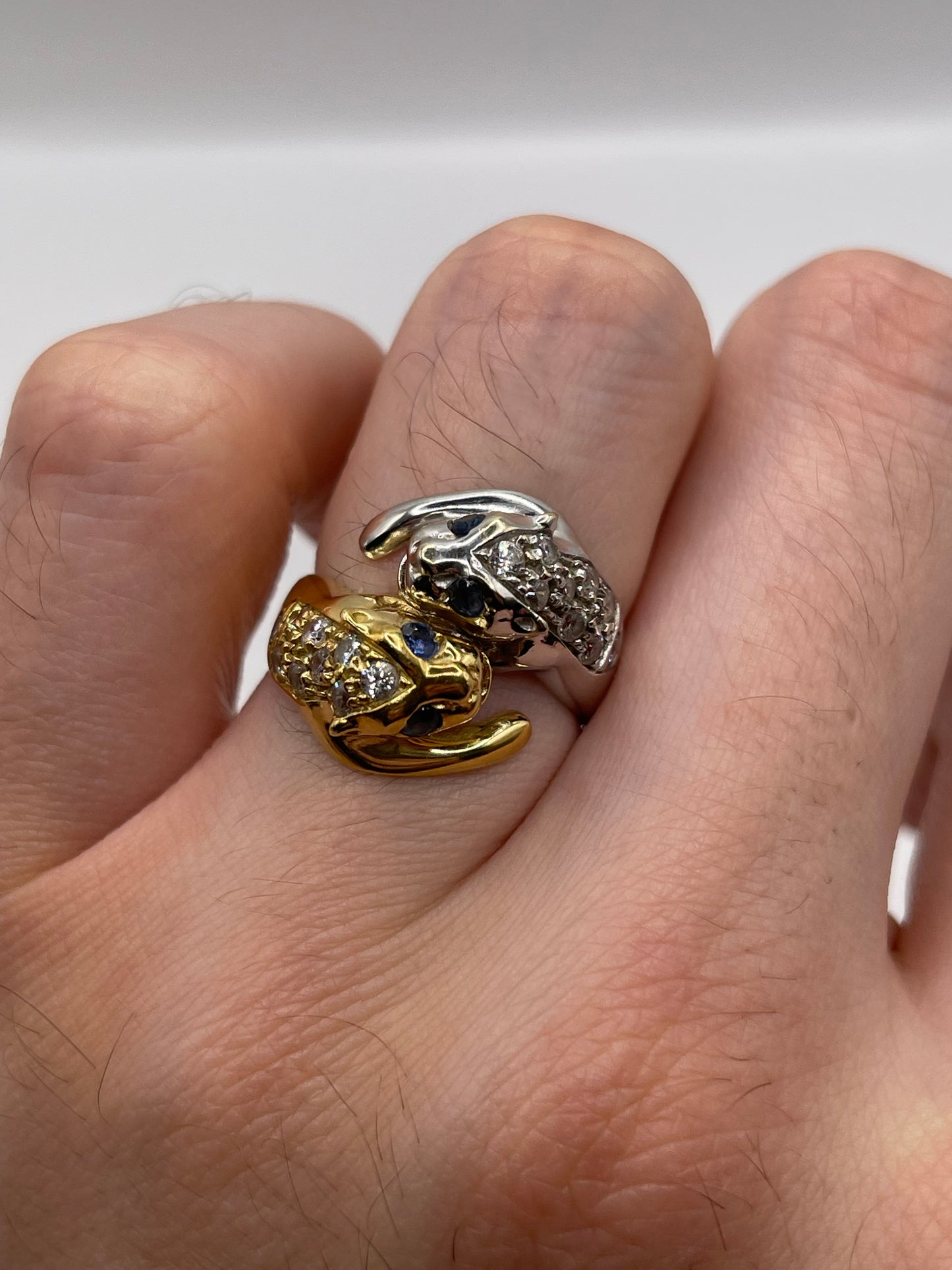 18ct two tone gold sapphire double panther ring
