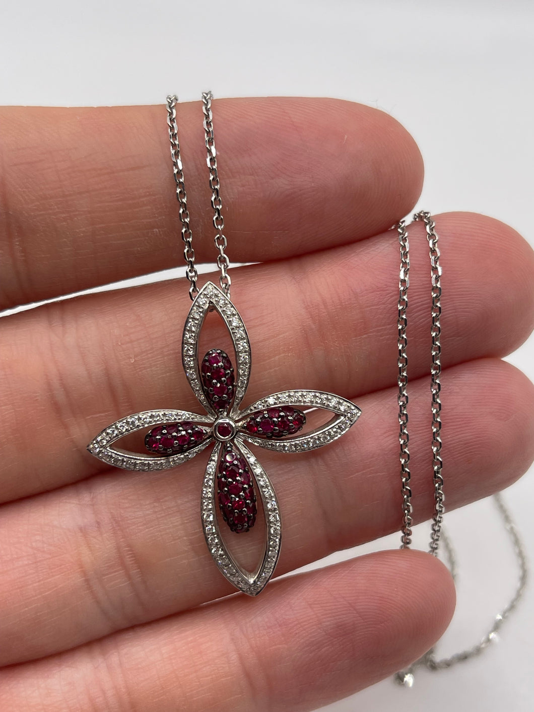 18ct white gold ruby and diamond cross necklace