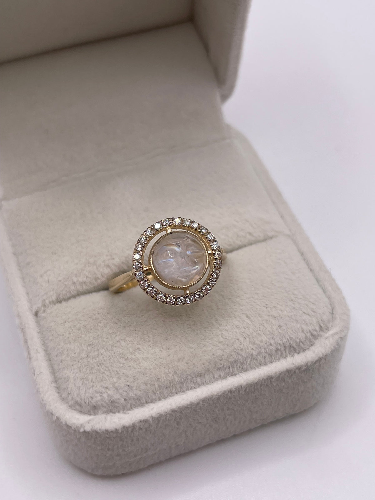 9ct gold moonstone man in the moon and diamond ring