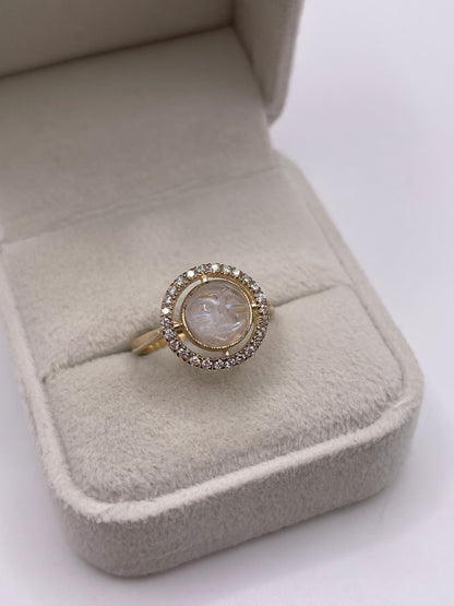 9ct gold moonstone man in the moon and diamond ring