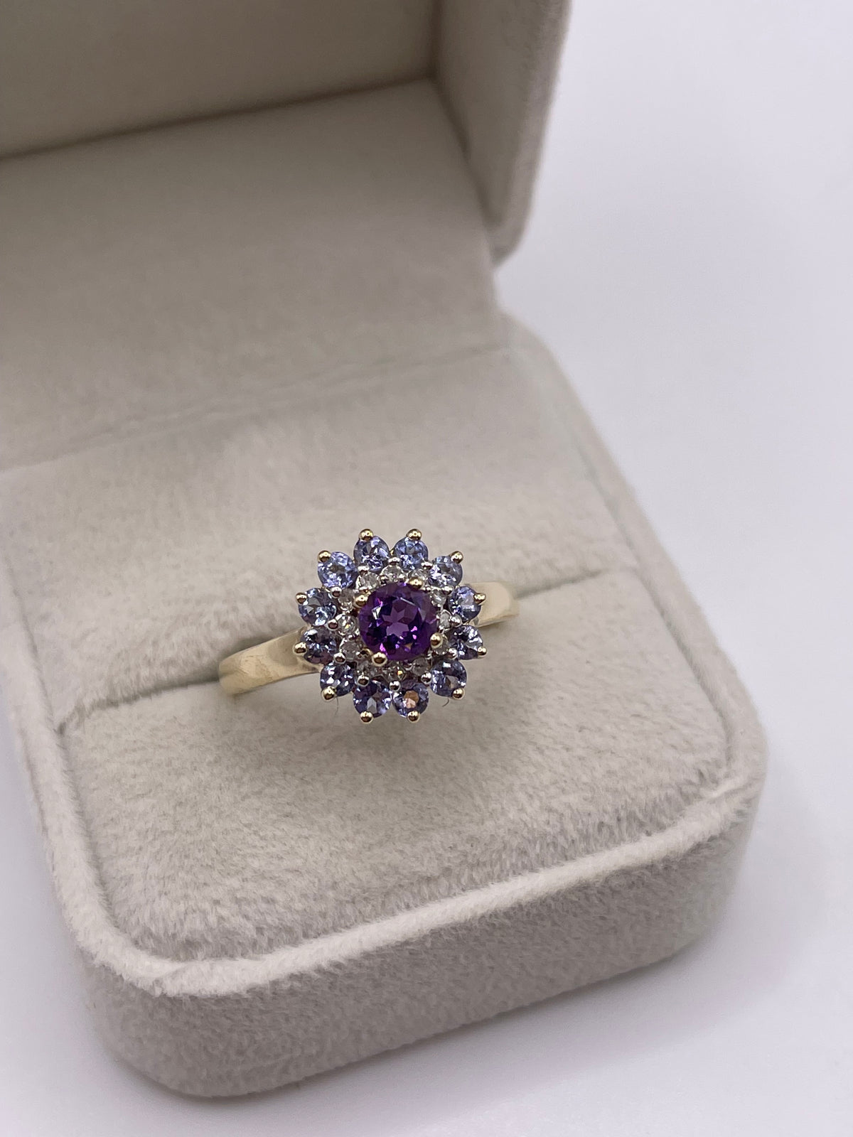 9ct gold amethyst, tanzanite and diamond ring