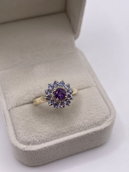 9ct gold amethyst, tanzanite and diamond ring