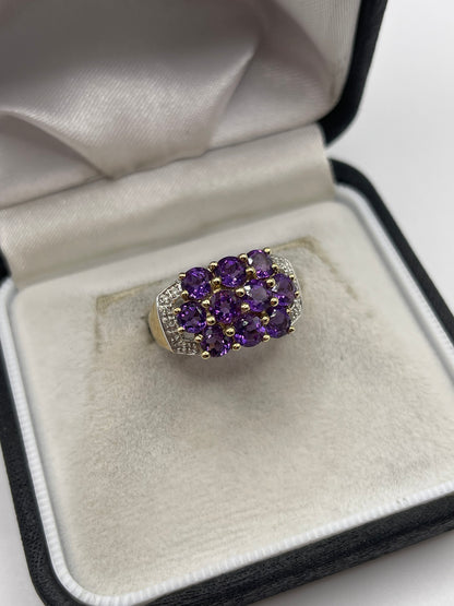 9ct gold amethyst and diamond cluster ring