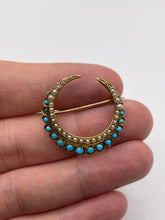 Load image into Gallery viewer, Antique 15ct gold turquoise and pearl crescent brooch
