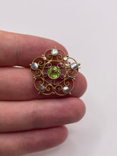 Load image into Gallery viewer, Antique 9ct gold peridot, ruby and pearl brooch by Murrle Bennet
