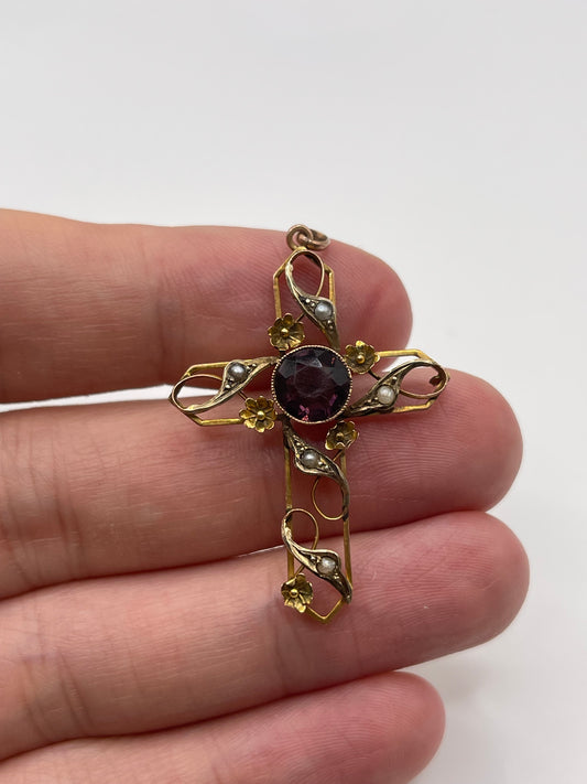 Antique 9ct gold amethyst and pearl cross pendant