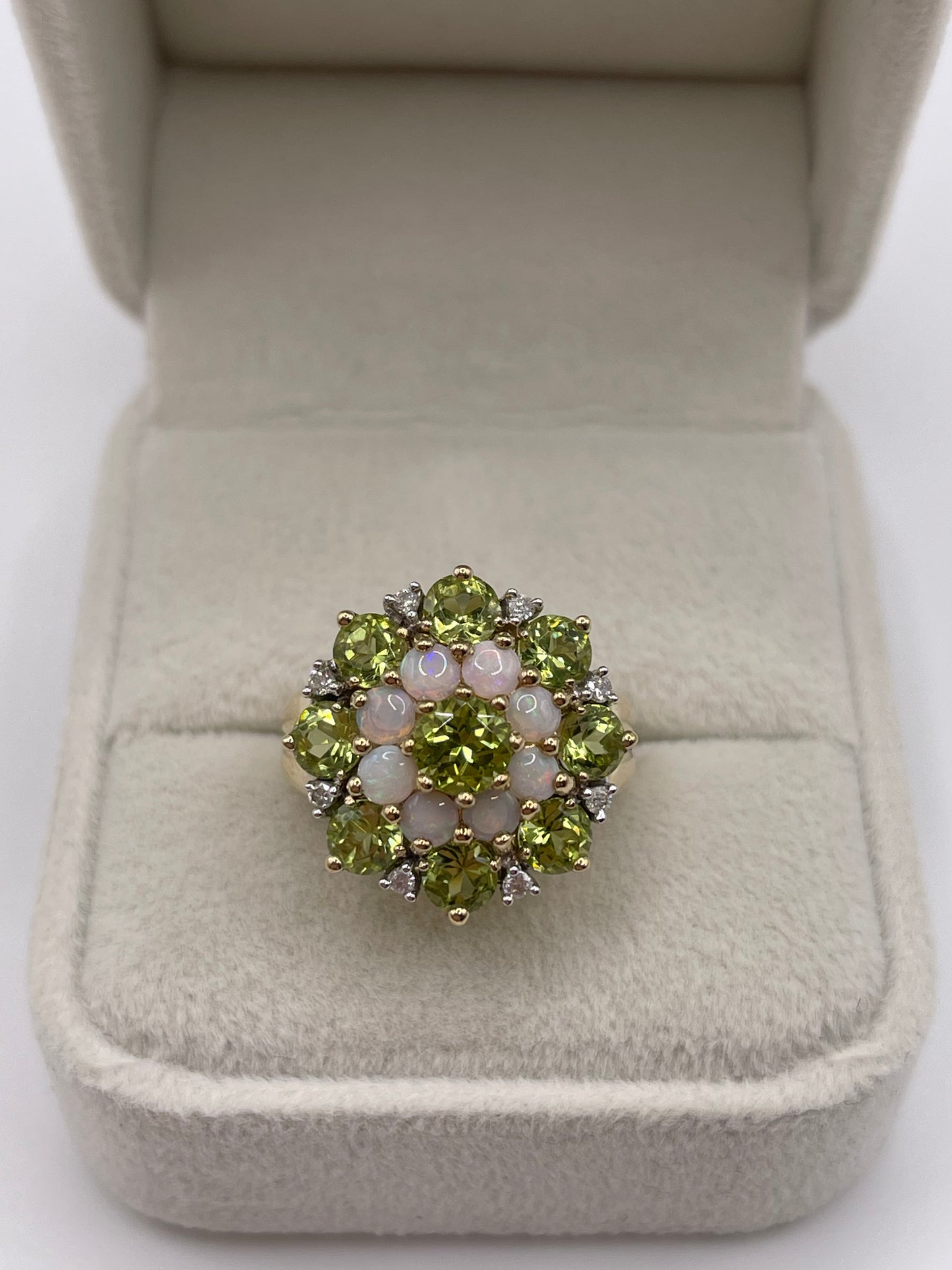 9ct gold peridot, opal and diamond ring