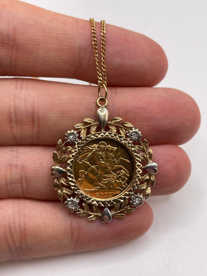 9ct gold diamond 1/2 sovereign necklace