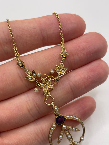 Antique 15ct gold amethyst and pearl necklace