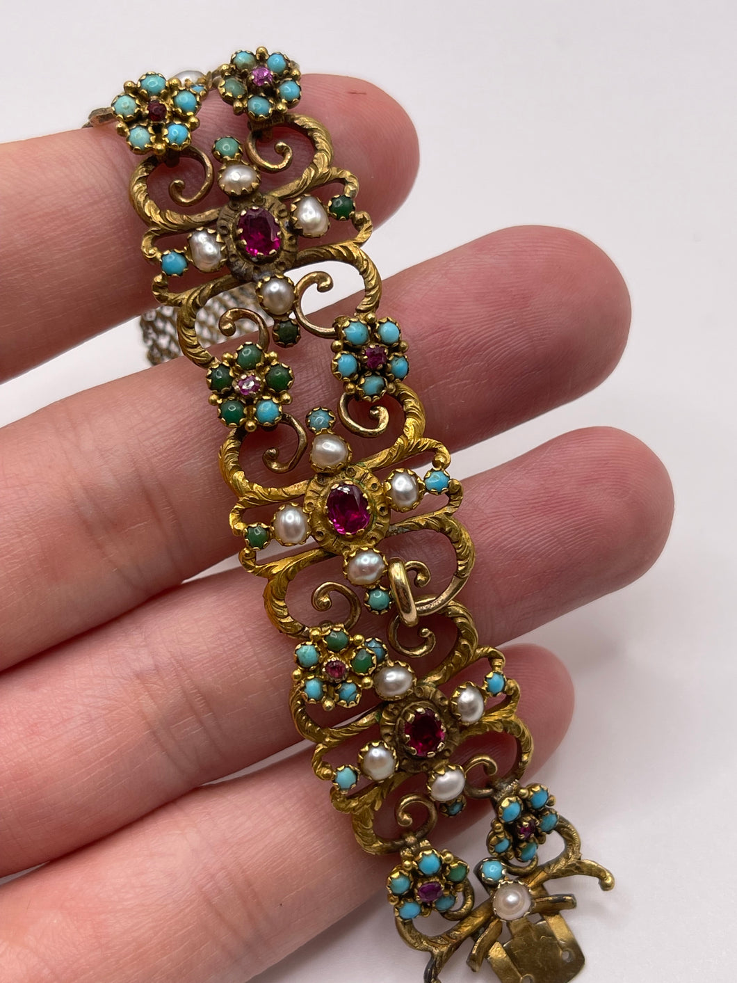 Antique 15ct gold turquoise, pearl and ruby bracelet