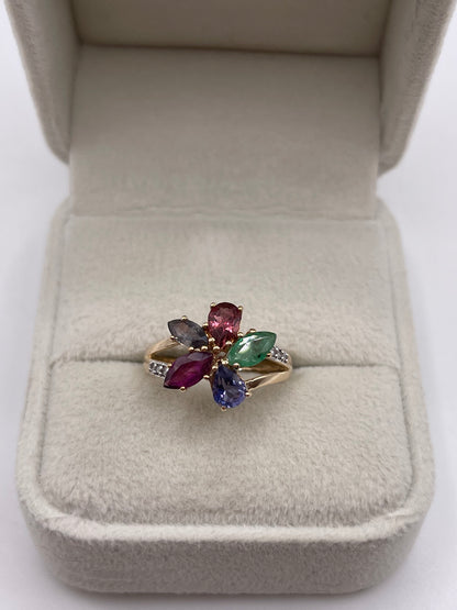 9ct gold multi gemstone and diamond cluster ring