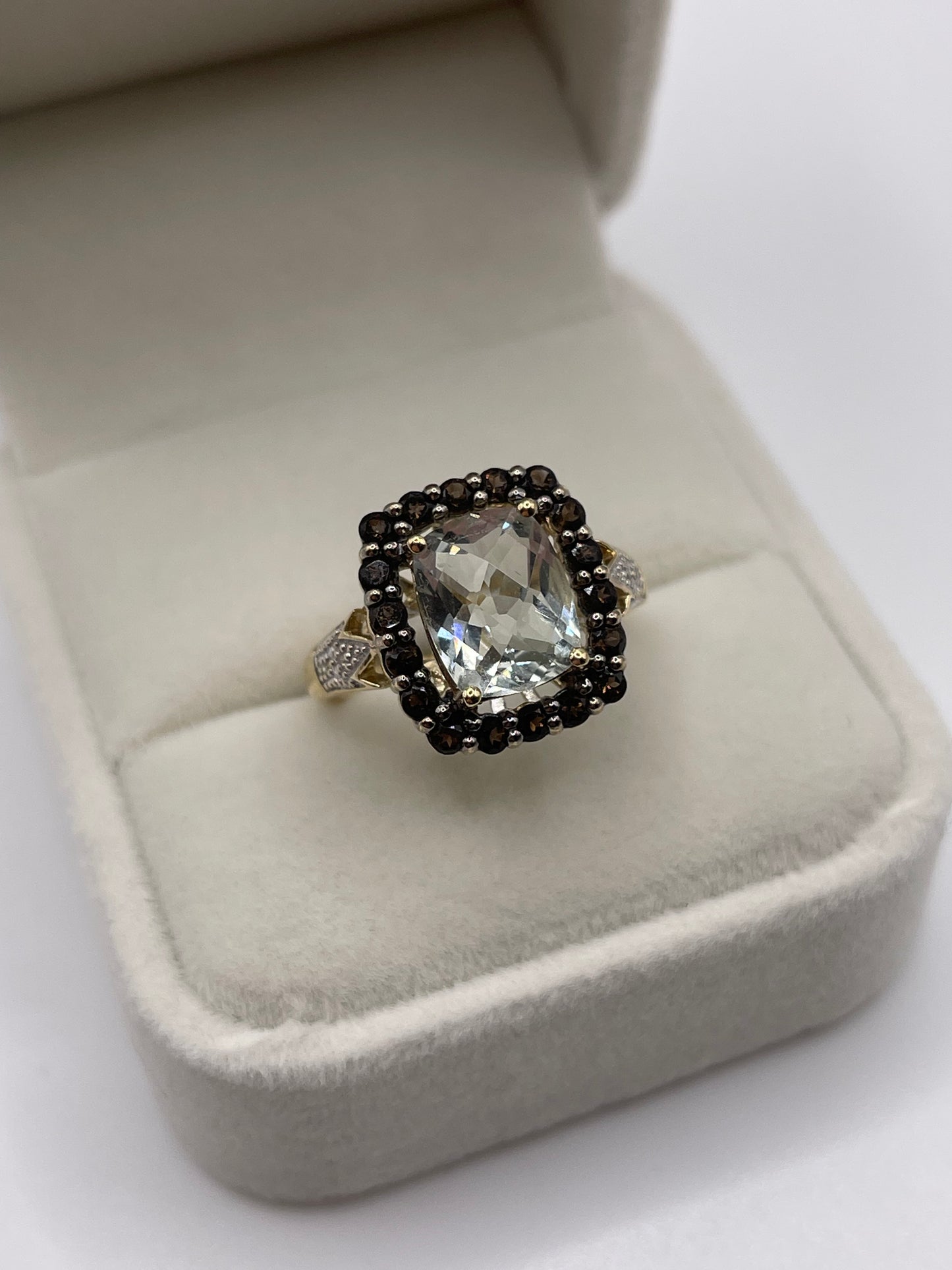 9ct gold aquamarine, Smokey quartz and diamond ring