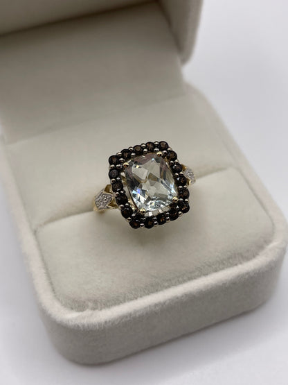 9ct gold aquamarine, Smokey quartz and diamond ring