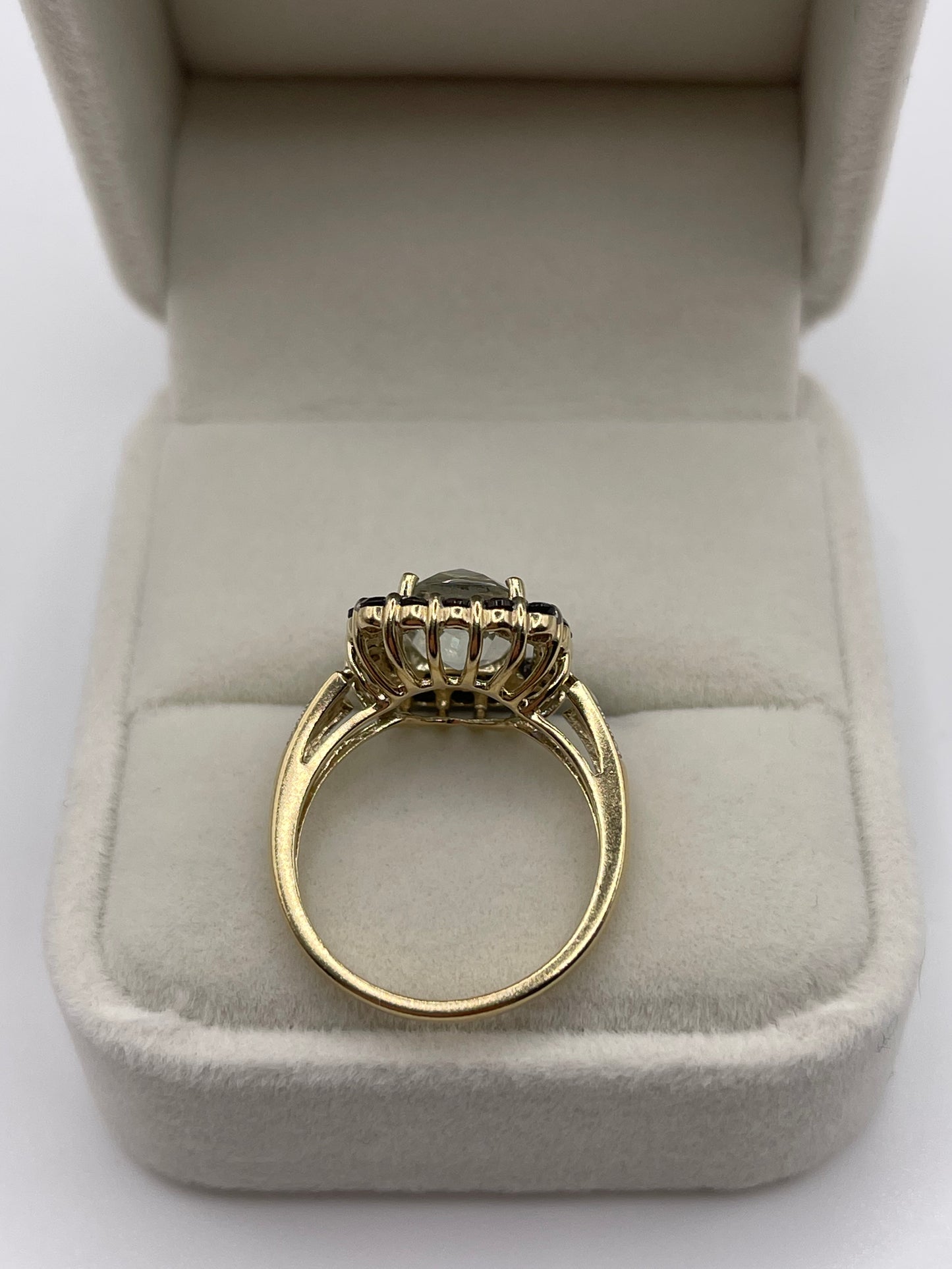 9ct gold aquamarine, Smokey quartz and diamond ring