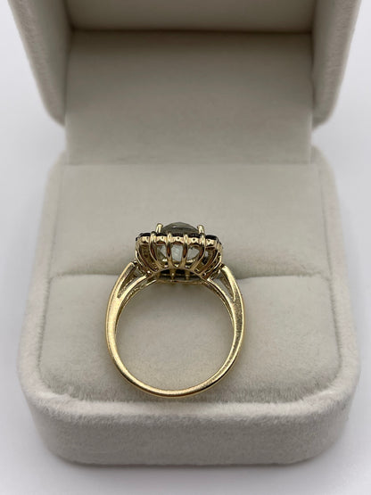 9ct gold aquamarine, Smokey quartz and diamond ring