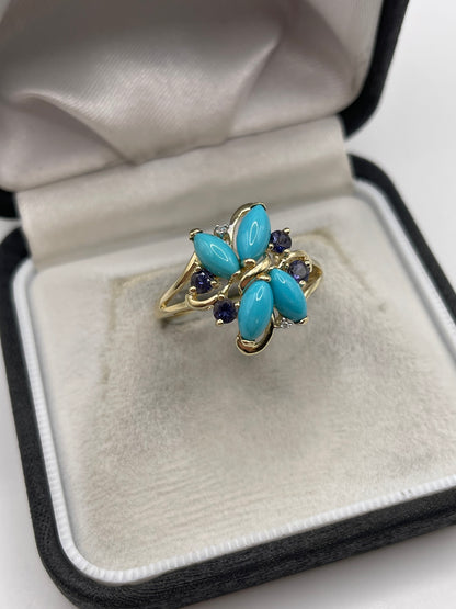9ct gold turquoise, iolite and diamond ring
