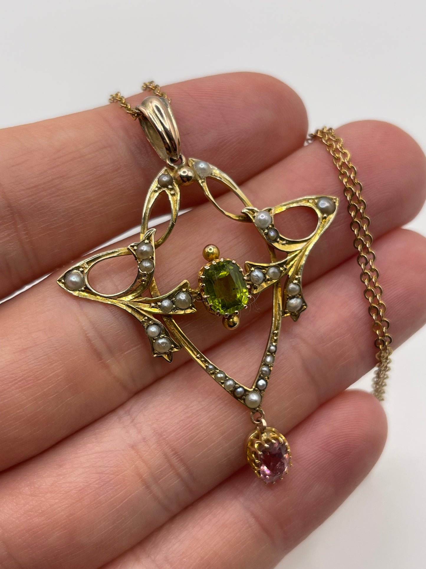 Antique 9ct gold topaz, peridot and pearl necklace