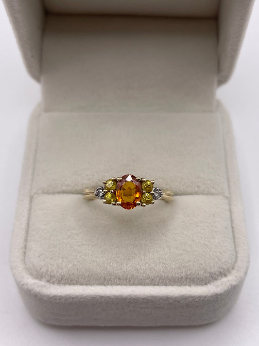 9ct gold orange sapphire, quartz and diamond ring