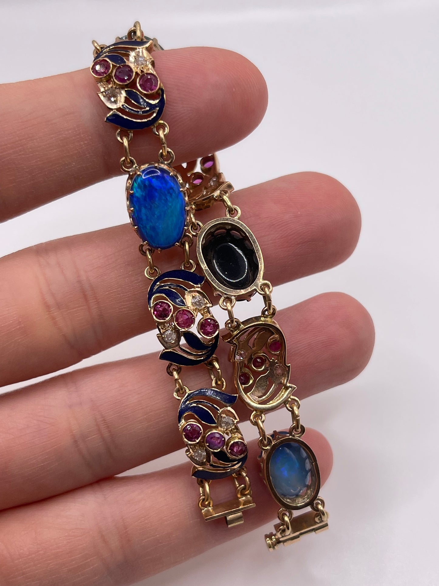 14ct rose gold opal doublet, ruby, diamond and enamel bracelet
