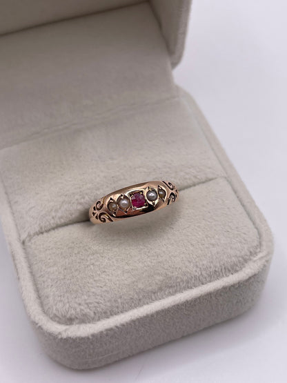 Antique 9ct rose gold ruby and pearl ring
