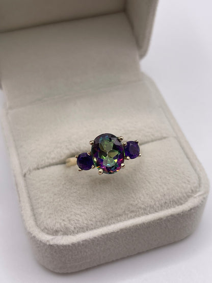9ct gold mystic topaz and amethyst ring
