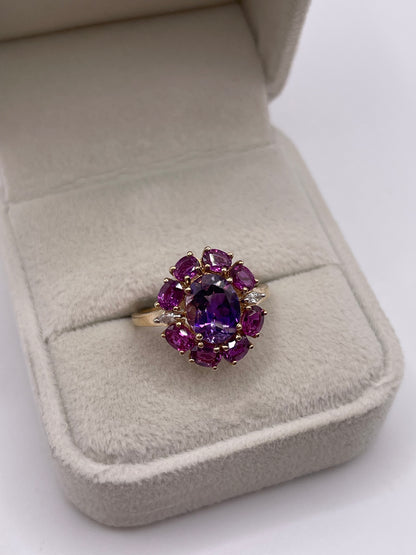 9ct gold amethyst, tourmaline and zircon ring