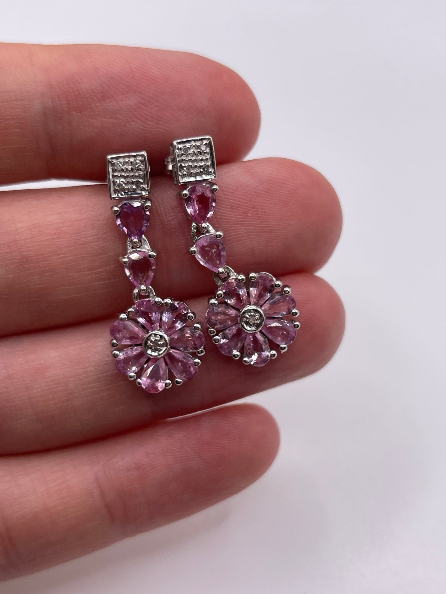 9ct white gold pink sapphire and diamond earrings