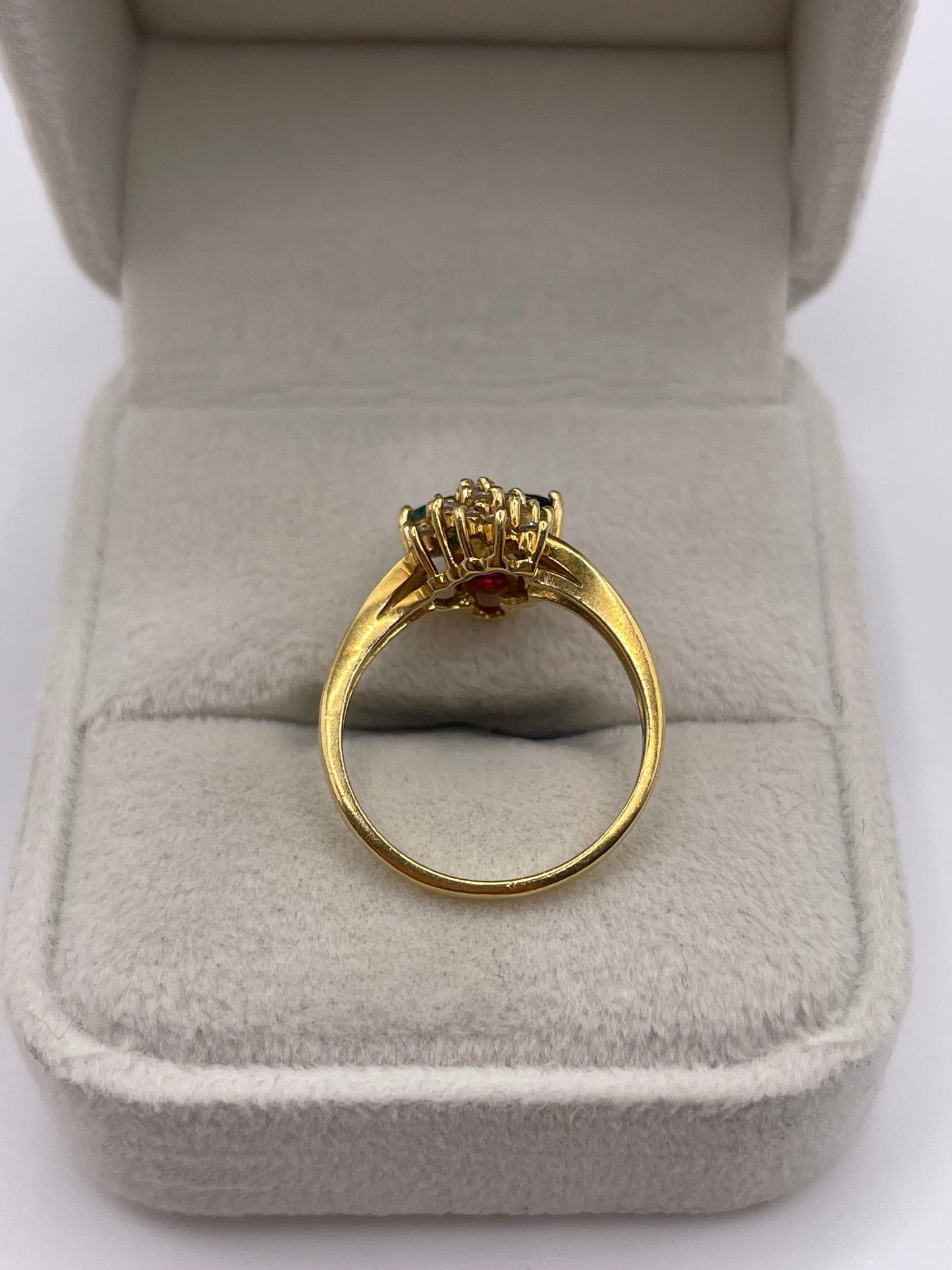 18ct gold ruby, sapphire, emerald and diamond ring