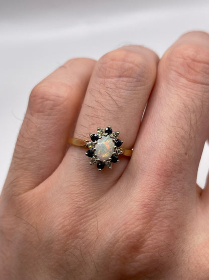 18ct gold opal, sapphire and diamond ring