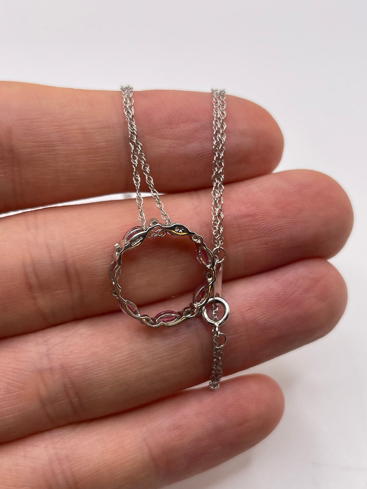 9ct white gold pink sapphire and diamond necklace