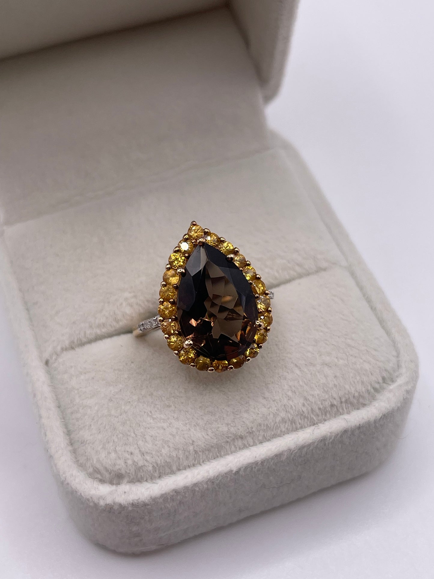 9ct gold Smokey quartz, citrine and diamond ring