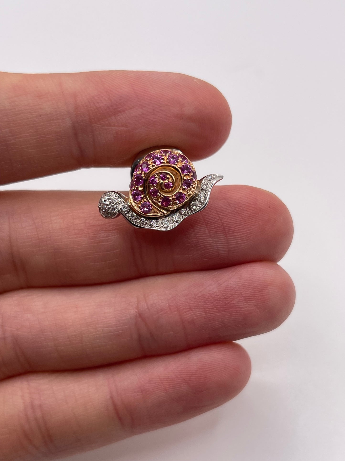 18ct two tone gold ruby and diamond snail pin