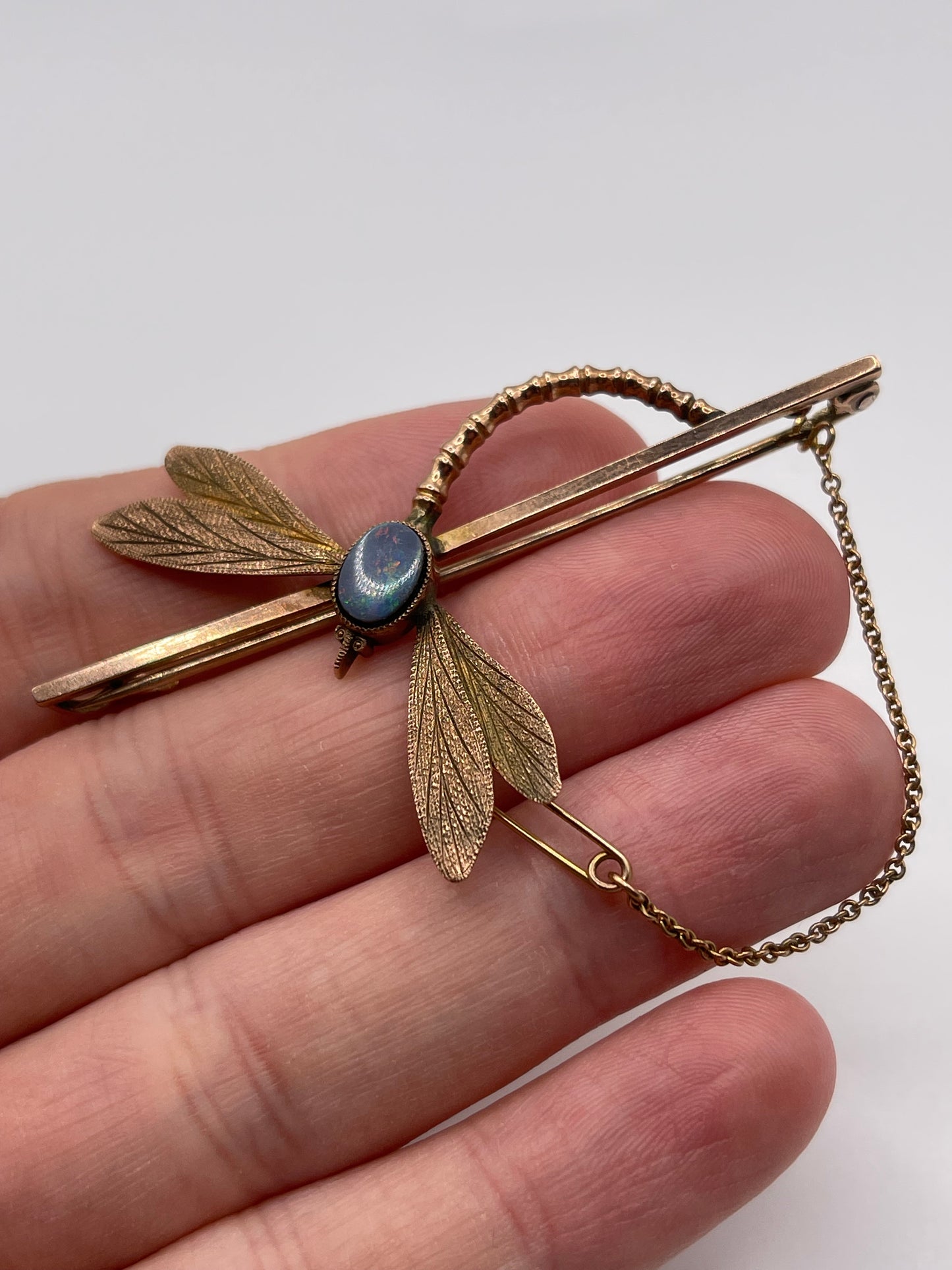 Antique 9ct rose gold opal dragonfly brooch